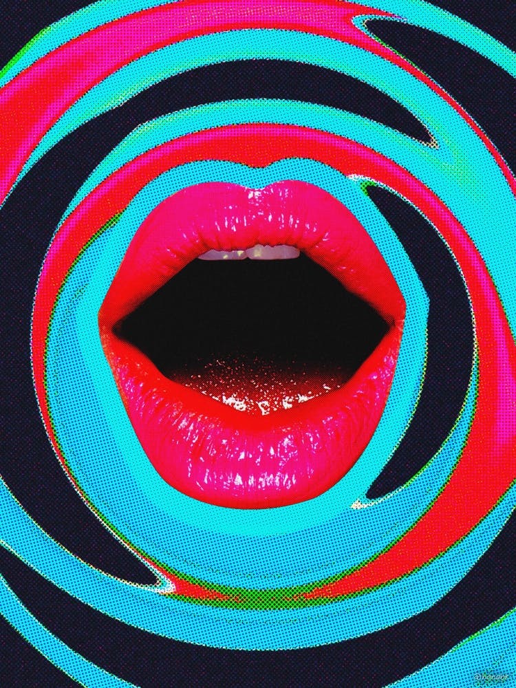 Pink Retro Lips Collage Blue & Black