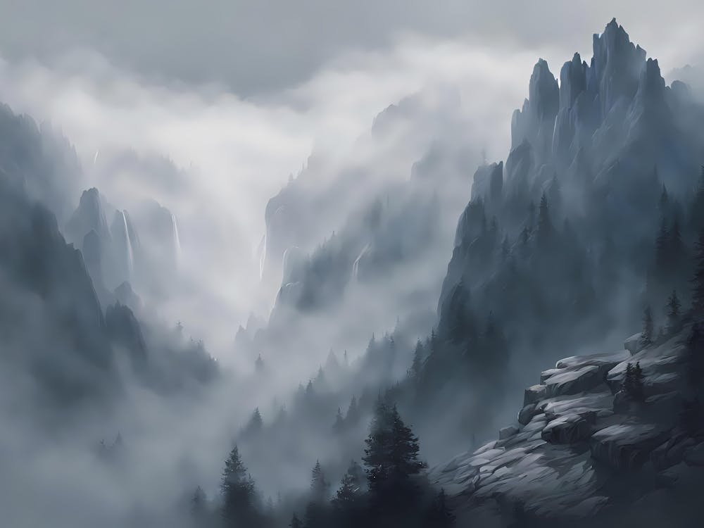 Realistic Rocky Mountain Range, Dense Fog, Gray And Blue Tones, Waterfall, Side Perspective