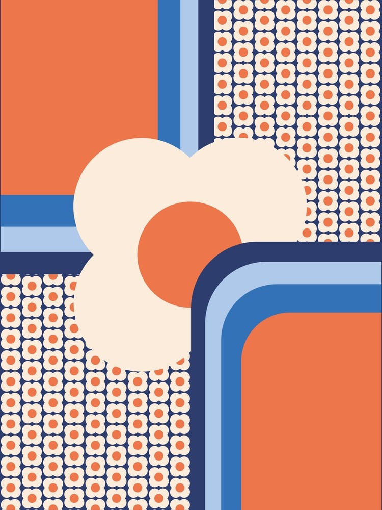 Retro 70s Geometric Floral, Blue, Apricot, Cream