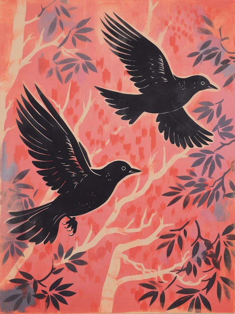 Vintage Japanese Inspired Bird Print Blackbird 1