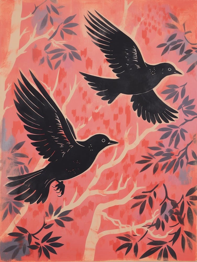 Vintage Japanese Inspired Bird Print Blackbird 1