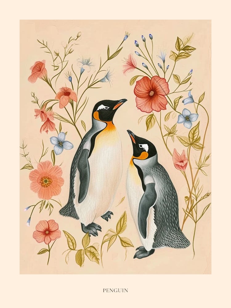 Folksy Floral Animal Drawing Penguin 3 Poster