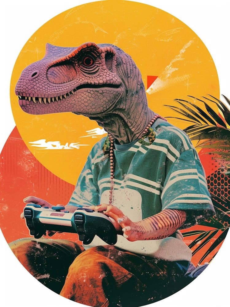 Retro Collage Dinosaur Playing Video Games 1