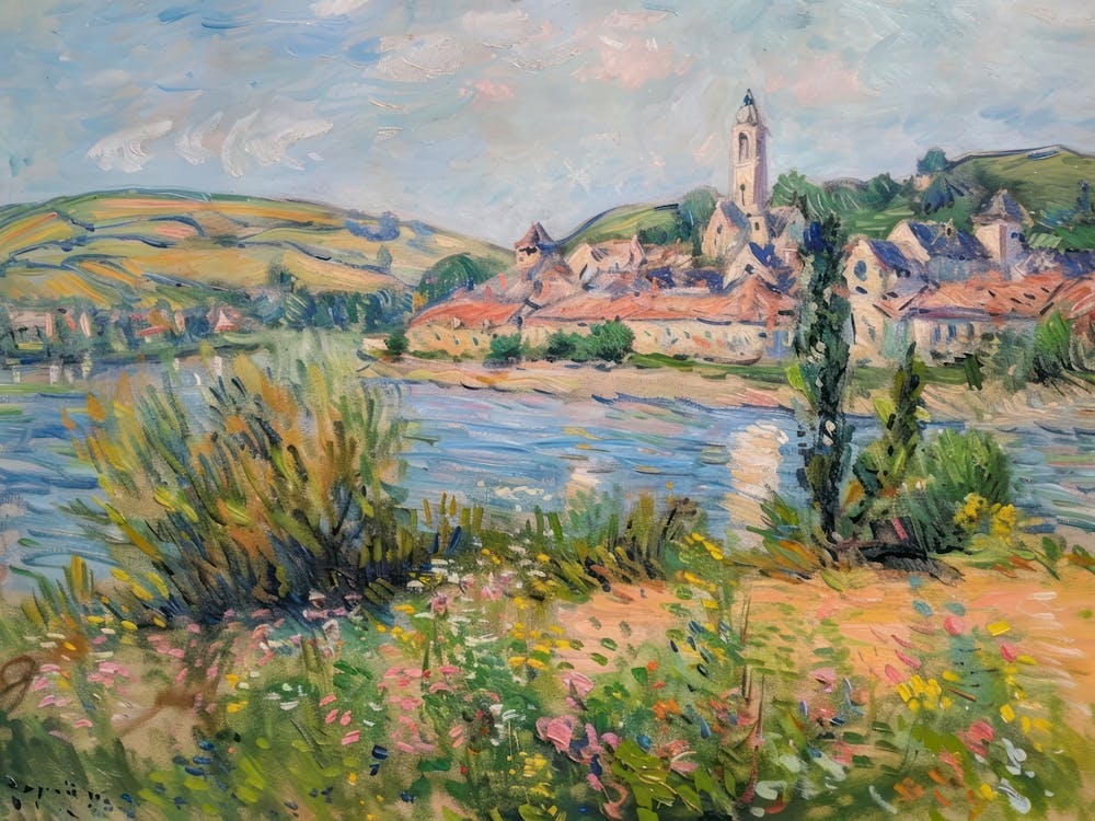 Village Lakeshore Retreat Painting Inspired By Paul Cezanne