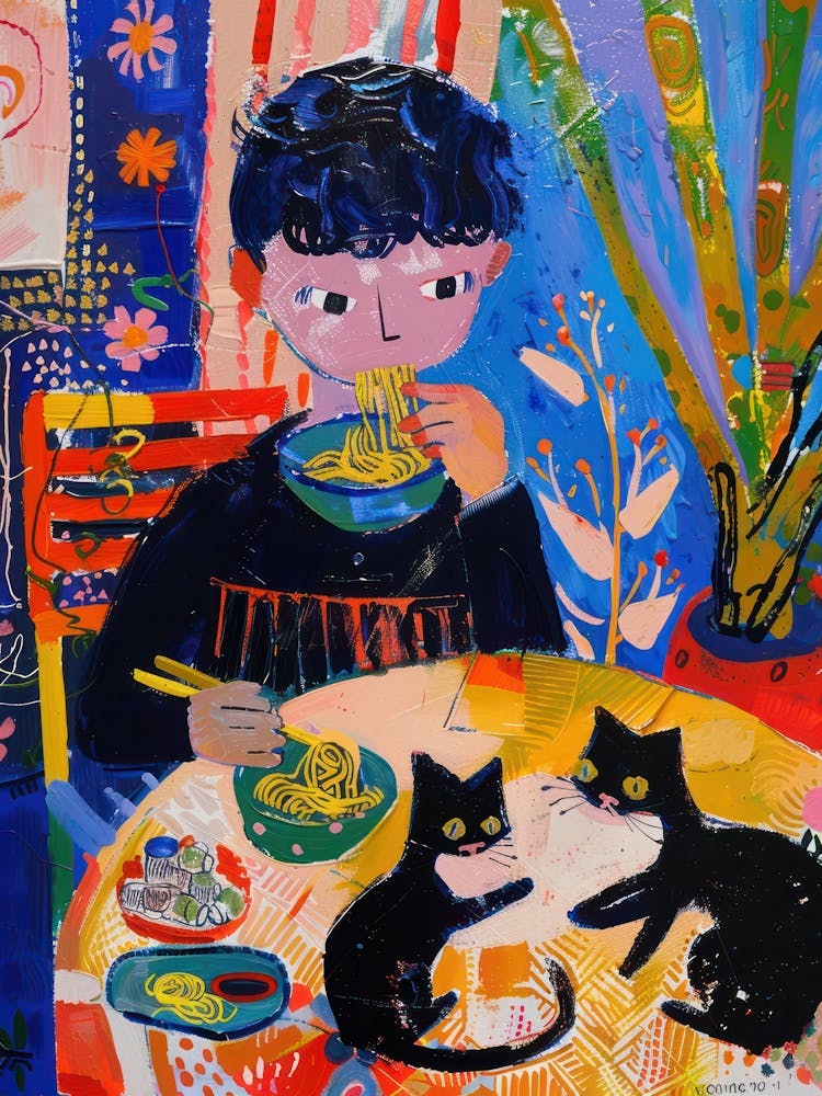 Portrait Of A Boy With Cats Having Ramen 4