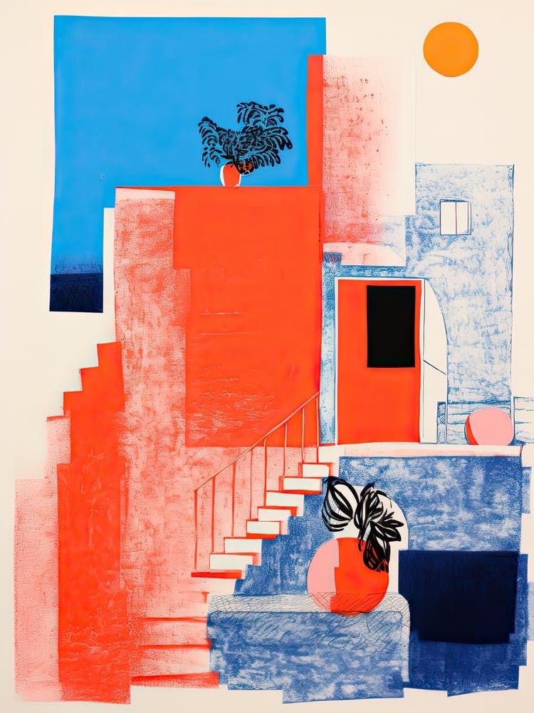 A House In Santorini, Abstract Risograph Style 1