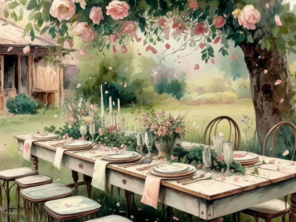 enchanted Garden Dining - Romantic Outdoor Setting Watercolor Print