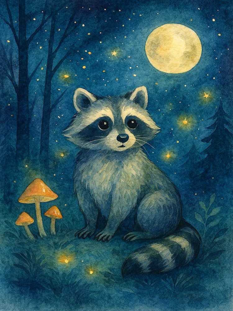 Raccoon Under the Moon Printable Wall Art - Whimsical Forest Animal Nursery Decor, Nocturnal Woodland Creature Illustration