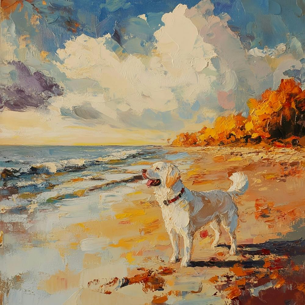 Dog In Beach Autumn In Style Of Romanticism