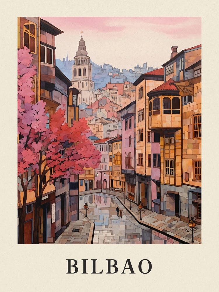 Bilbao Spain 3 Vintage Pink Travel Illustration Poster