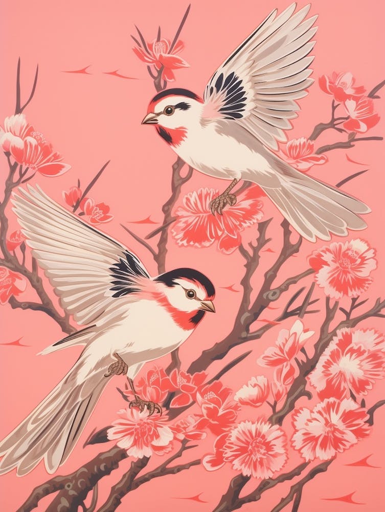 Vintage Japanese Inspired Bird Print Sparrow 1