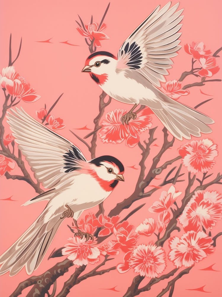 Vintage Japanese Inspired Bird Print Sparrow 1