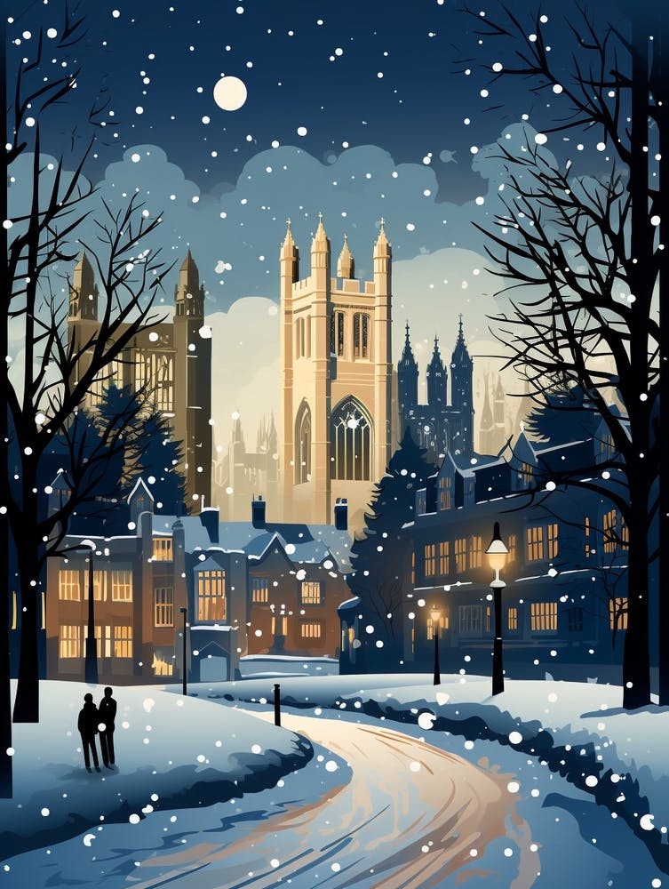 Winter Travel Night Illustration Cambridge United Kingdom 3