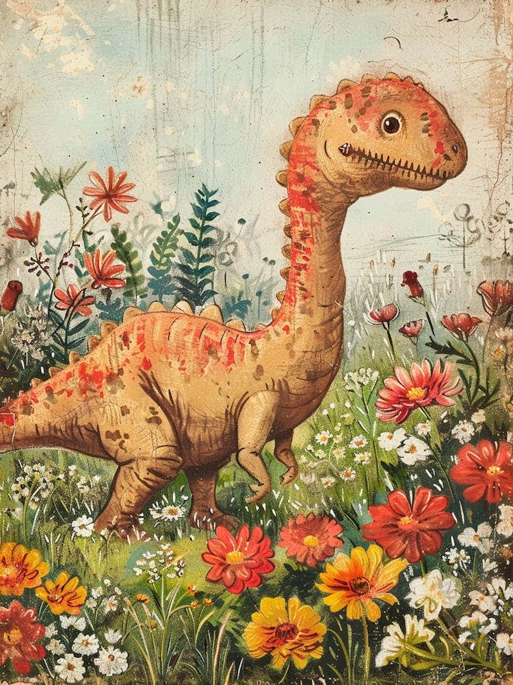 Dinosaur In A Floral Meadow Vintage Storybook Painting 3