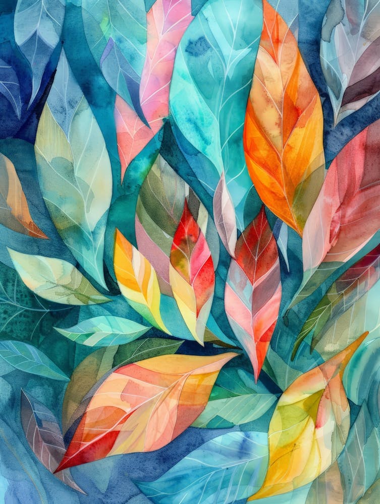 Watercolor Leaves On Blue Background