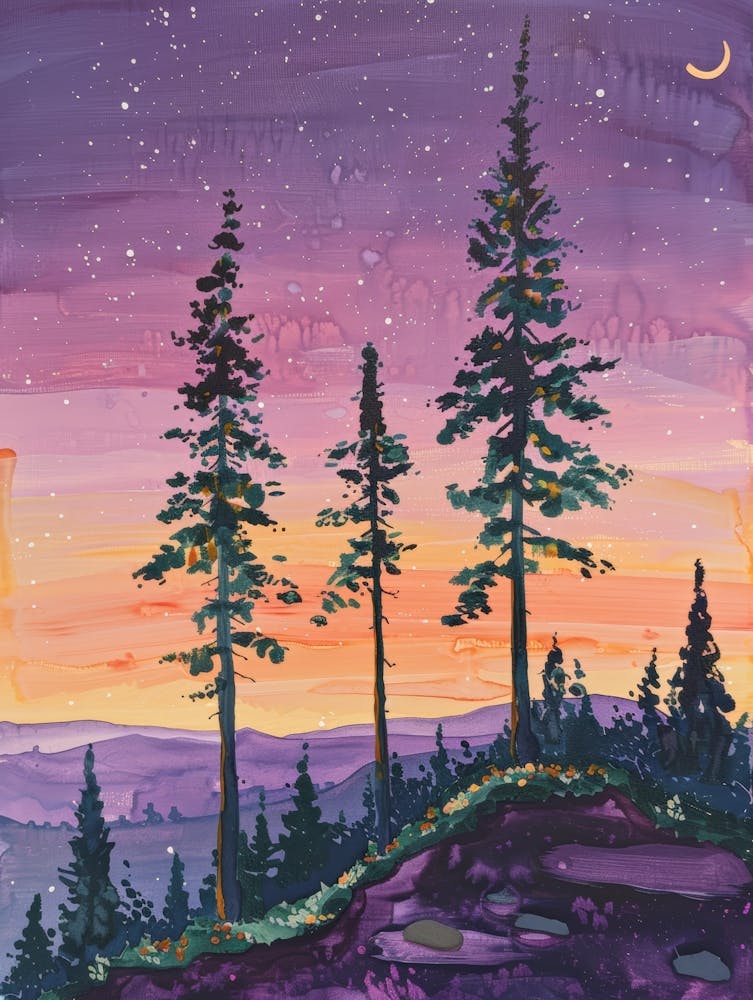 Sunset With Pine Trees