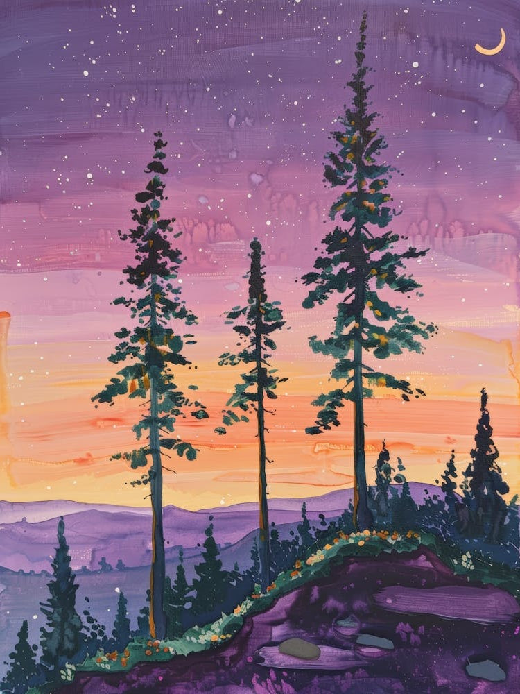 Sunset With Pine Trees