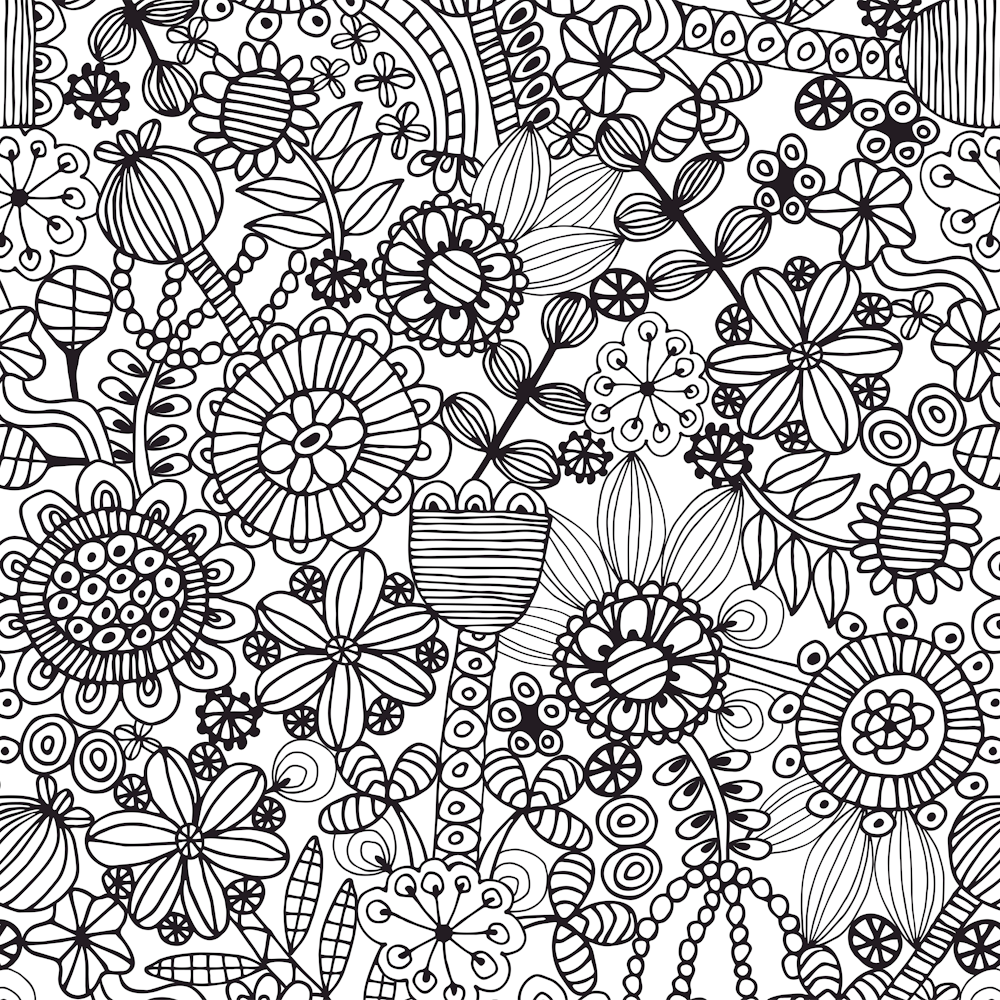 COLOURING BOOK FLOWERS Exotic Doodle Floral Botanical Line Drawing in Black and White