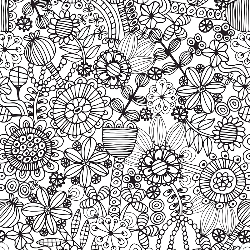 COLOURING BOOK FLOWERS Exotic Doodle Floral Botanical Line Drawing in Black and White