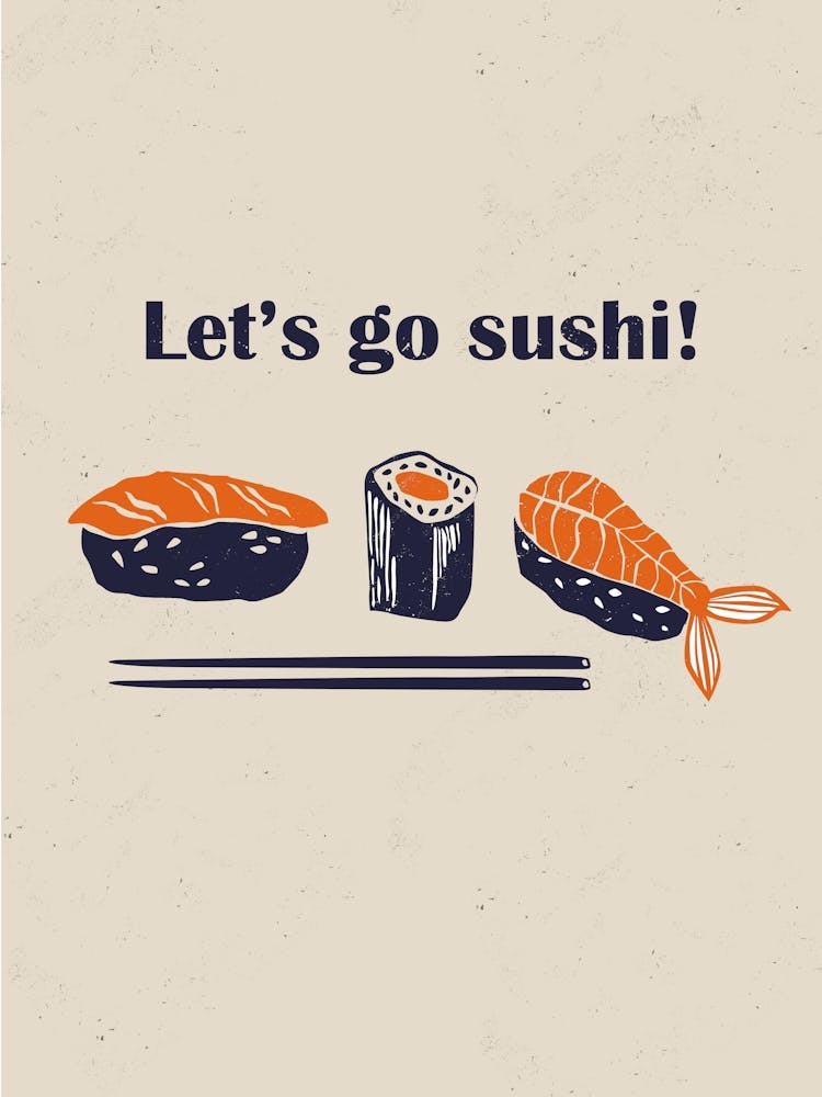 Lets Go Sushi Linocut Style