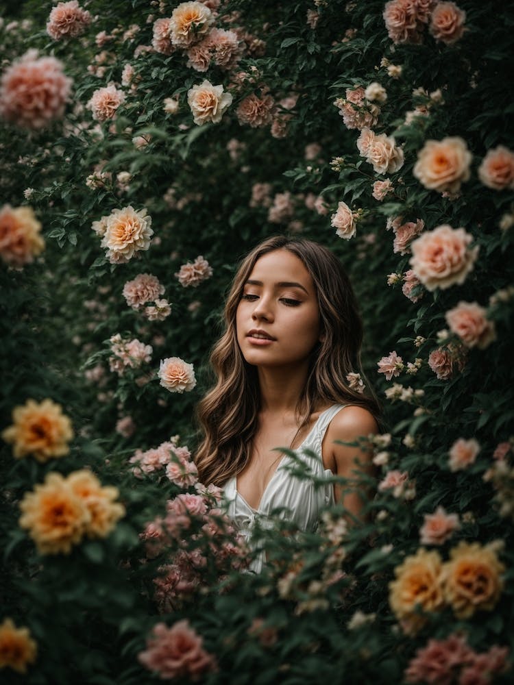 Photoreal In a Lush Garden Depict a Girl Surrounded by Bloomin flowers.