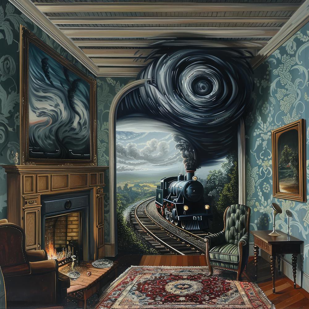 Magritte Style Painting of Surreal Train