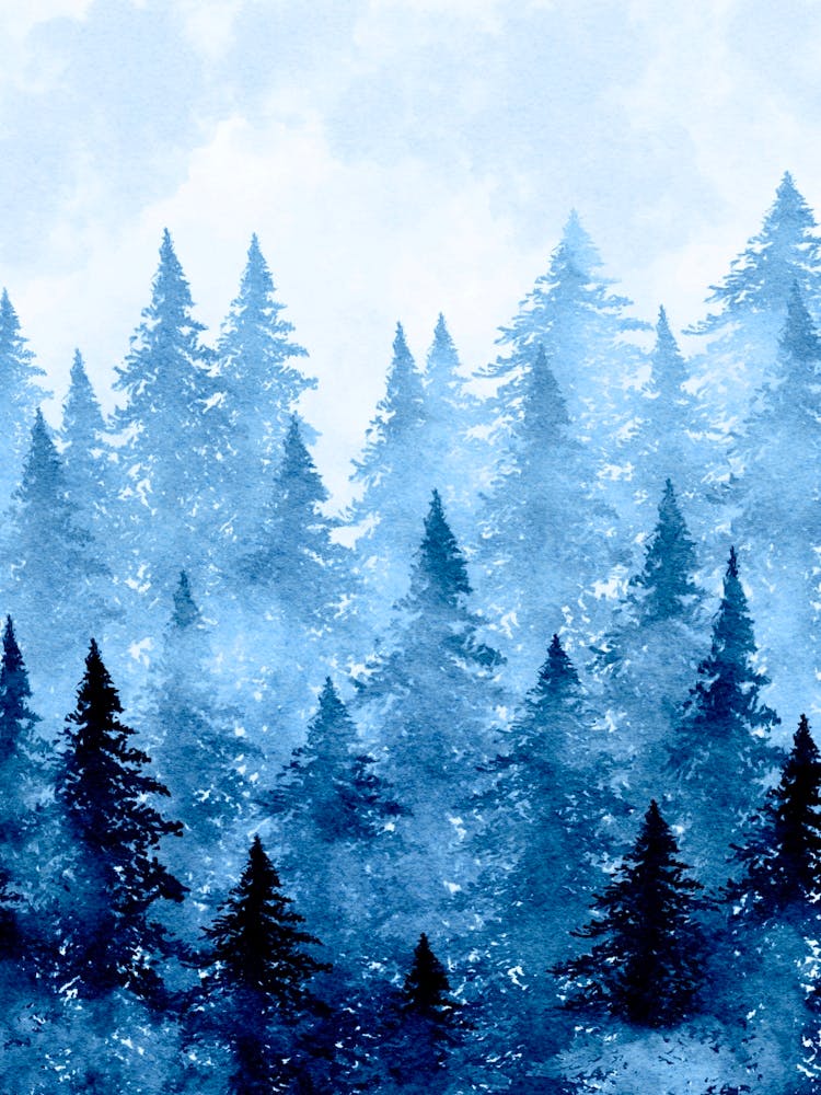 Watercolor Of Pine Trees blue