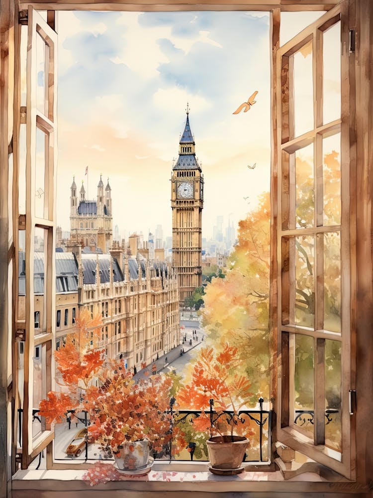 Window View Of London United Kingdom In Autumn Fall, Watercolour 3