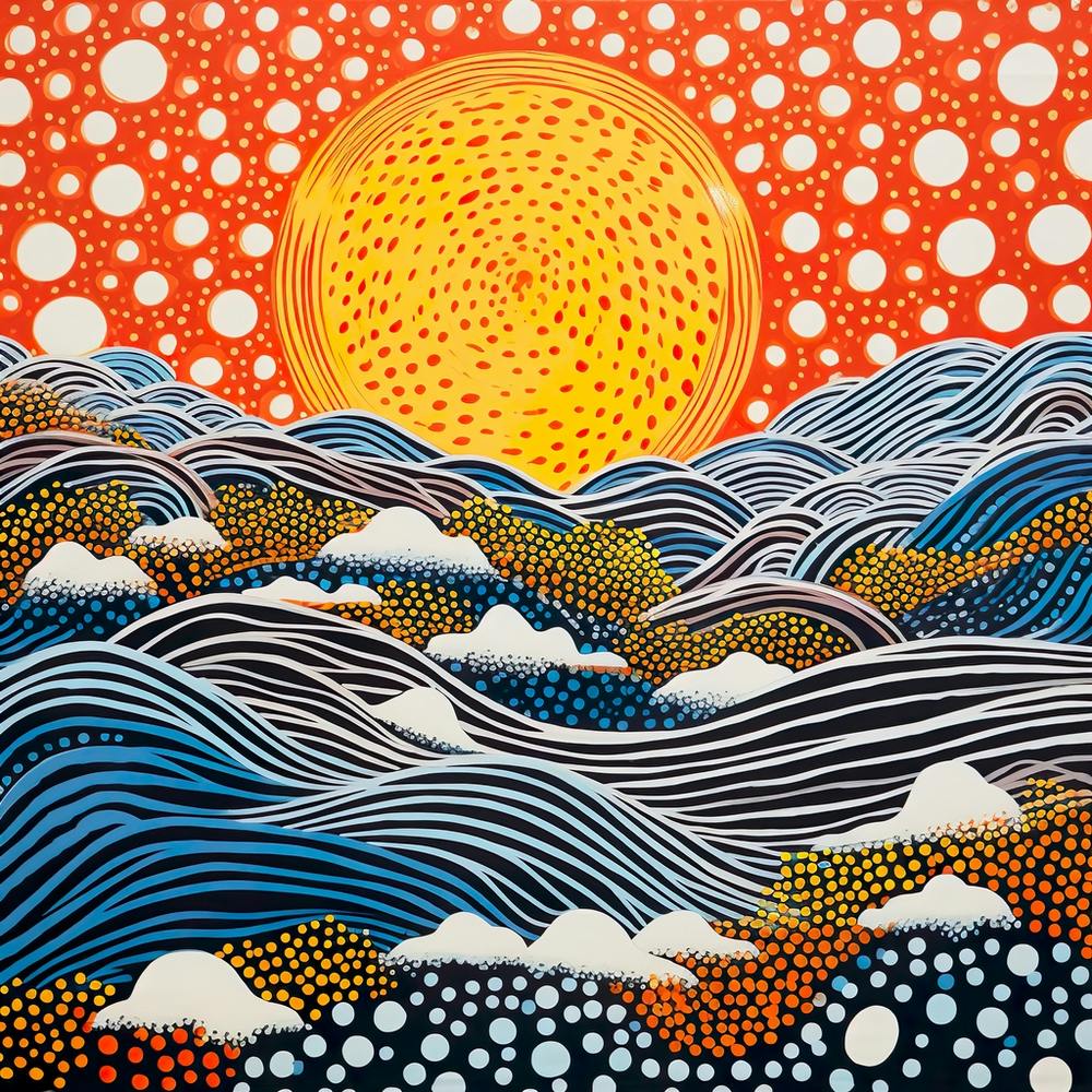Yayoi Kusama Inspiriert Sonnenuntergangs-Strandwellen