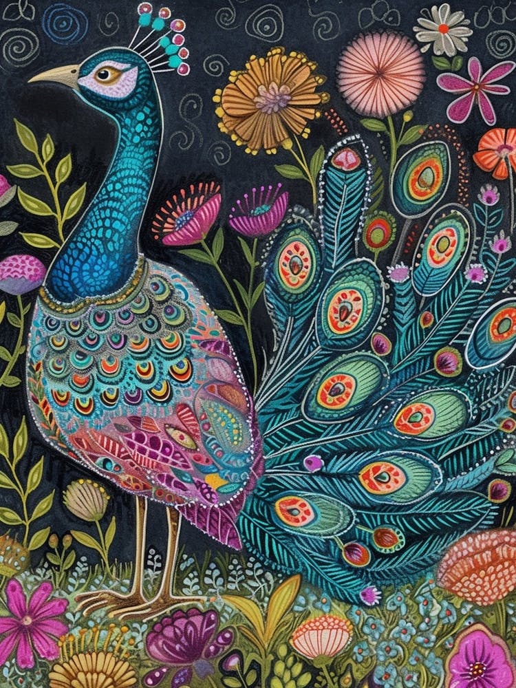 Folky Floral Peacock At Night 2