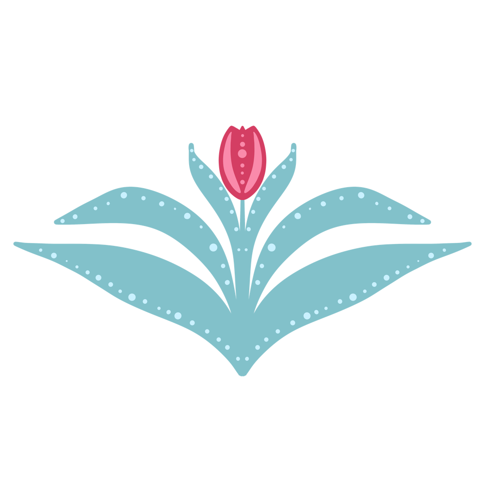 Minimalistische kräftige lila-rosa Tulpe mit Morgentau, großen Blättern in Minggrün und Petrol