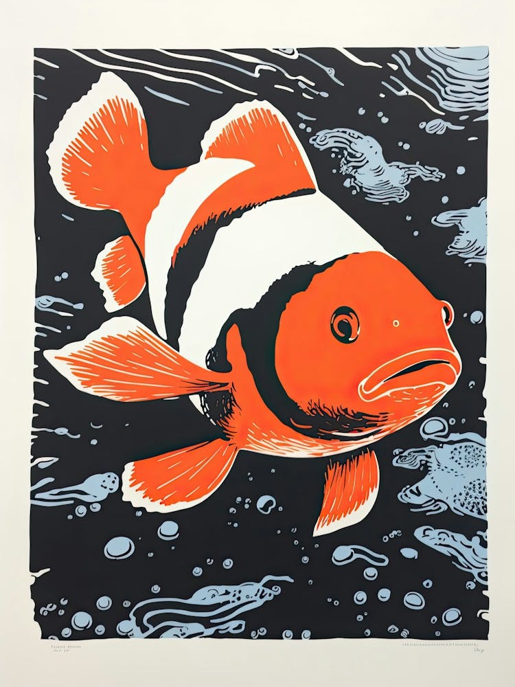 Clownfish, Woodblock Animal Drawing 4