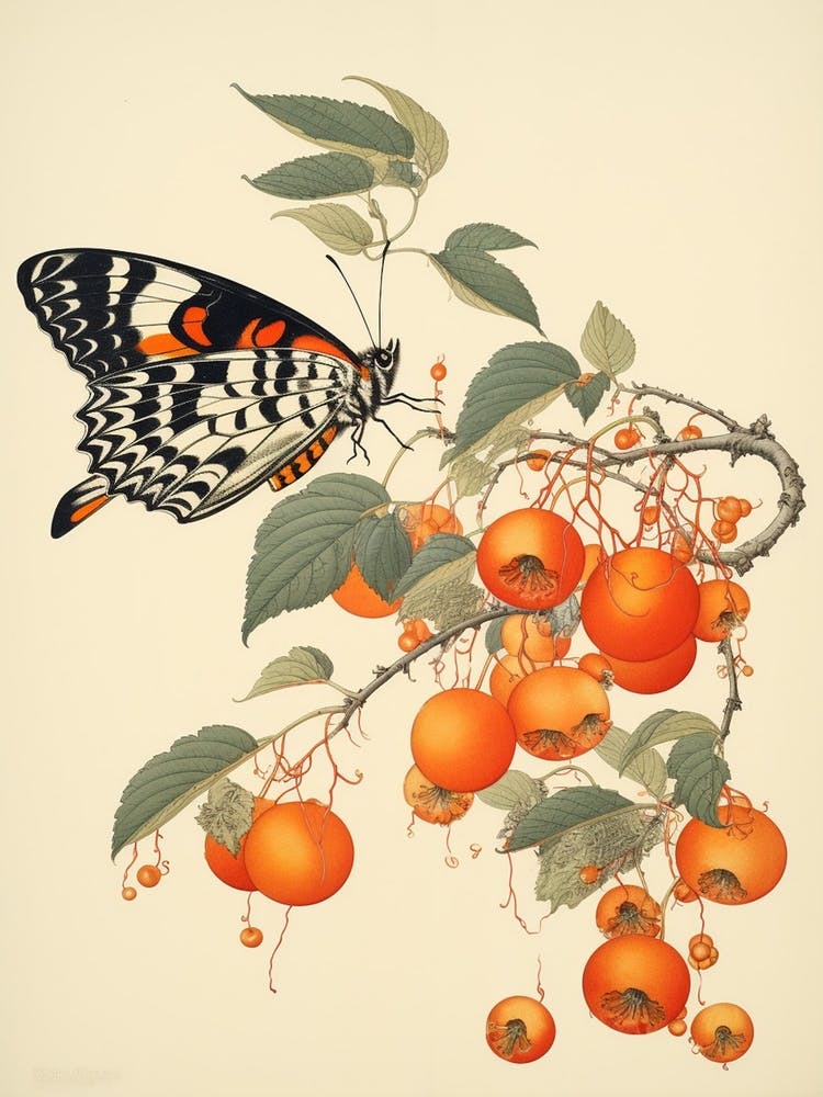 Papillon avec fruits Peinture de style japonais 1