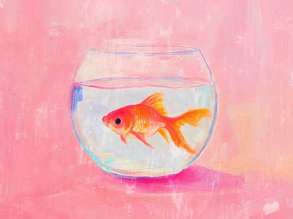 Goldfish in glass bowl painting in Soft pastel for coastal or beachy decor, Minimalist still life Pink and Orange cute wall art for bathrooms and kitchens, Whimsical artwork for kids rooms and nusery