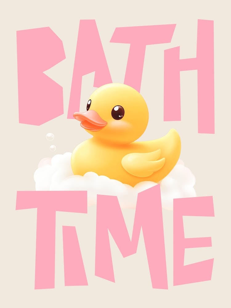 Cute Rubber Duck Pastel Bathroom Art for Kids, Pink Bath Time Poster Rubber Ducky Wall Print for Nursery or Playroom, Funny wall art for Bathroom Decor