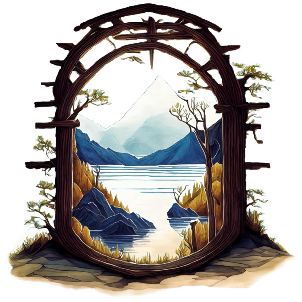 Nature Landscape With Archway, Lake, And Mountains