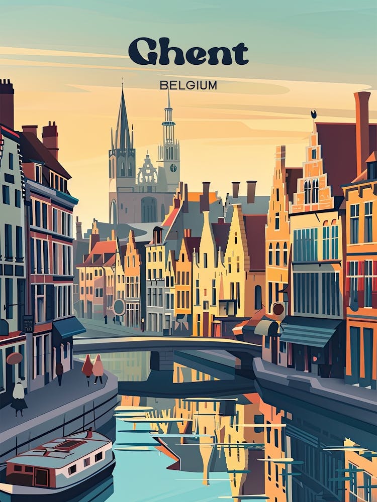 Ghent Belgium Boat Tour Art Illustration