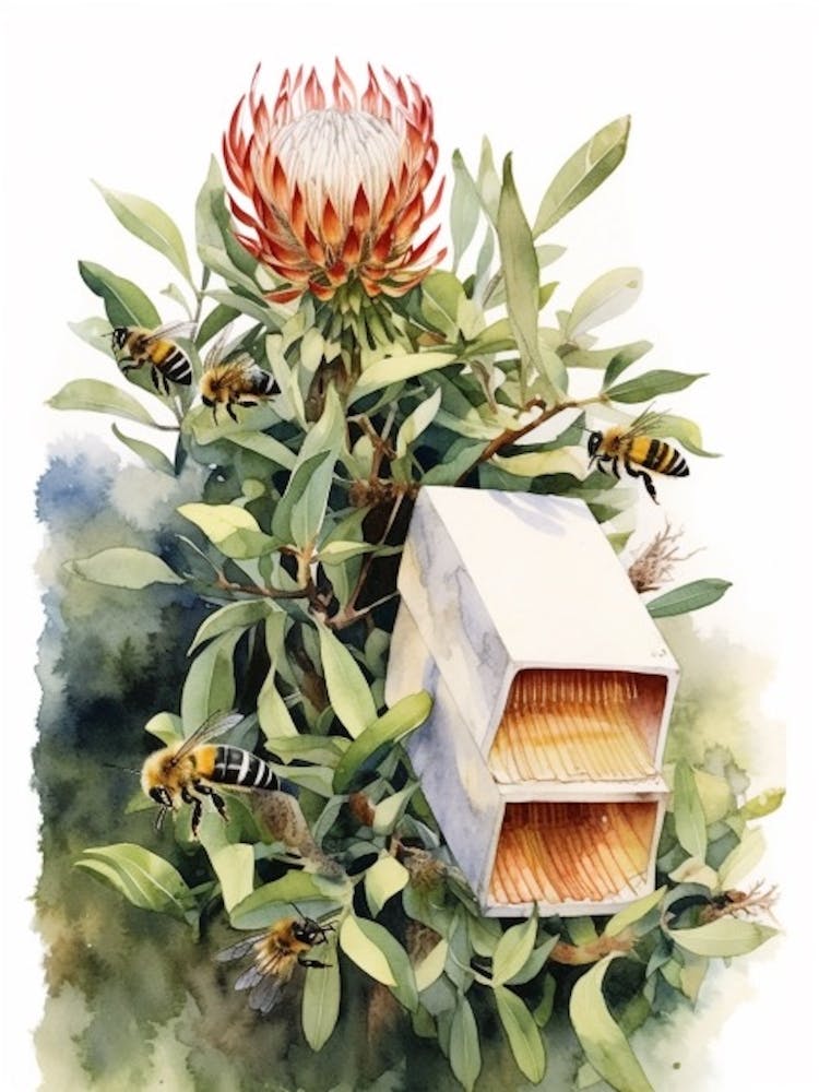 Beehive With Proteas Watercolour Illustration 4