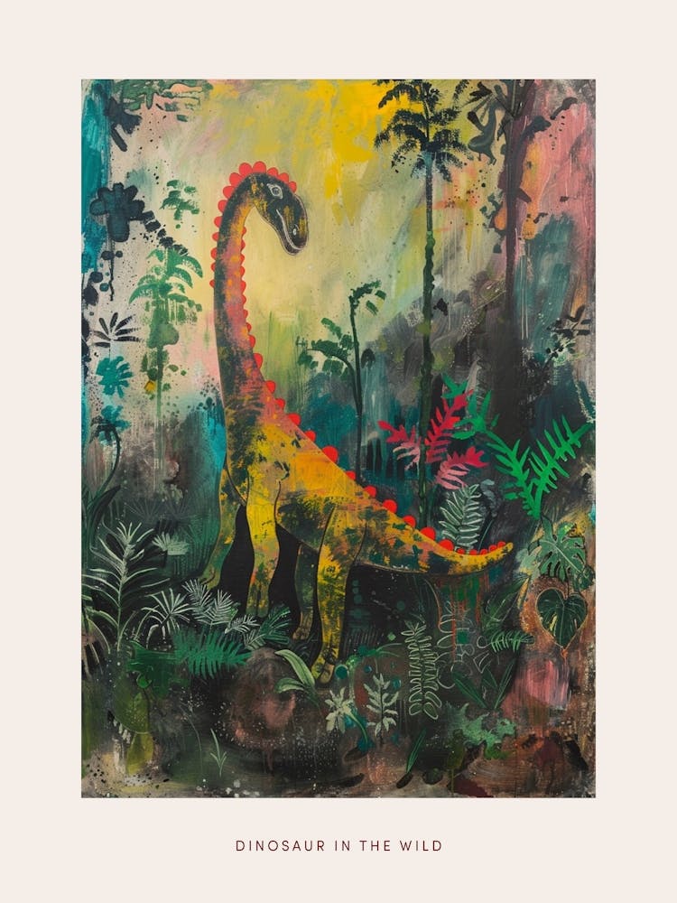 Colourful Dinosaur In The Leaves Painting 3 Poster