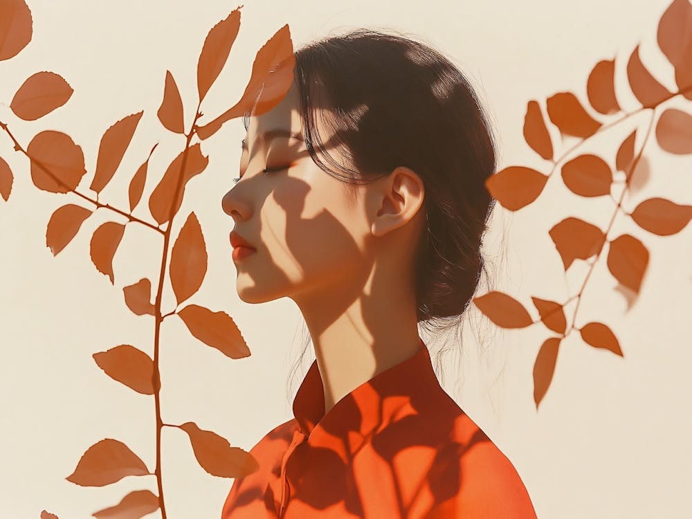 Asian Girl With Autumn Leaves