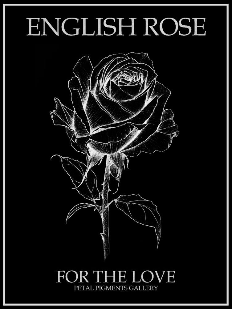 English Rose Black And White Line Drawing 7 Poster Inverted