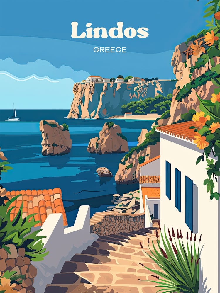 Lindos Greece Island Art Illustration