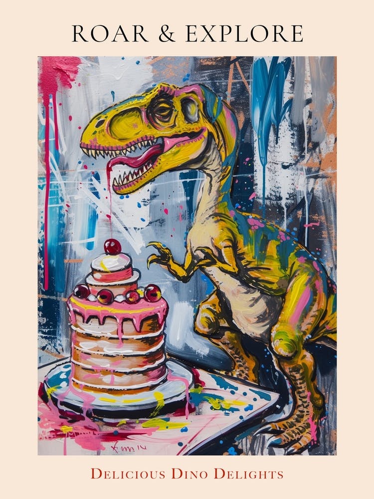 Wild Brushstroke Dinosaur Baking A Cake 1 Poster