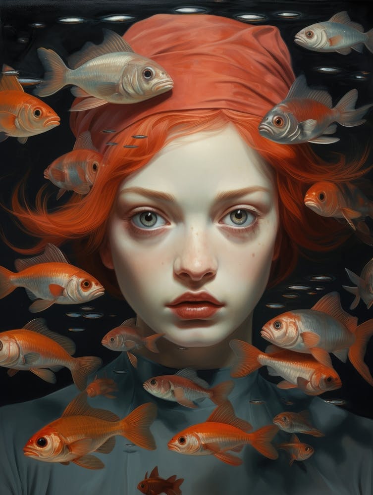 Mädchen umgeben von Fischen 1