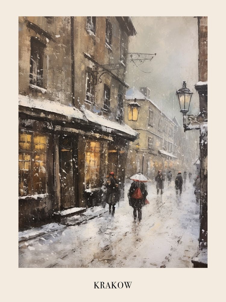 Vintage Winter Painting Poster Krakow Poland