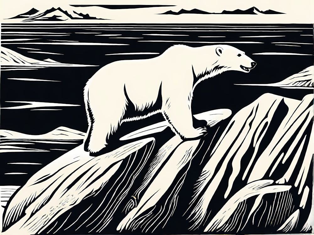 Polar Bear Cavorting In The Arctic Expanse Linocut Art, animal art, 161