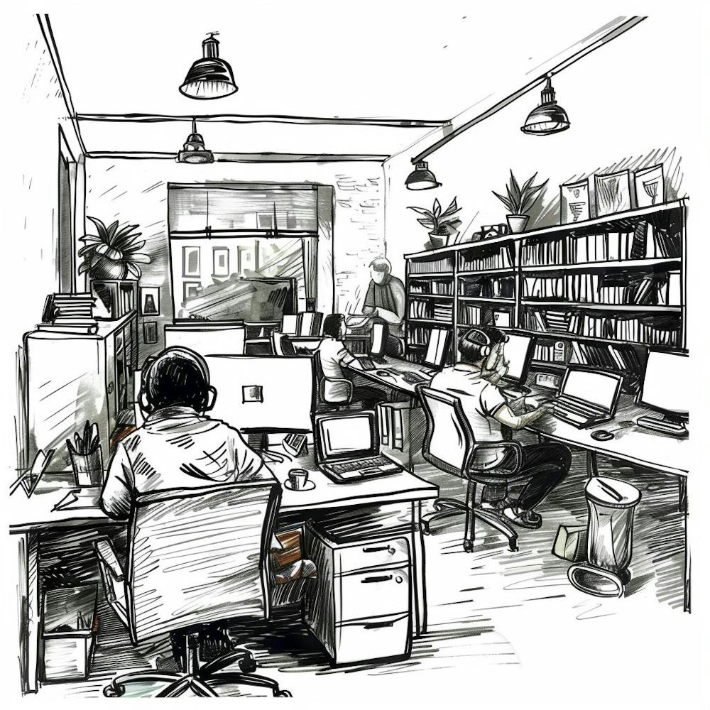 Sketch Of People Working At Desks