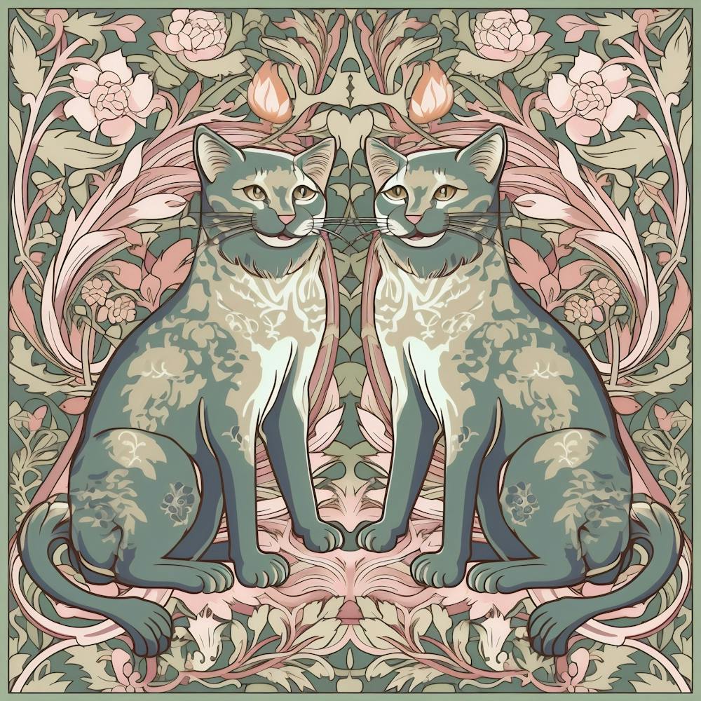 William Morris  Inspired  Classic Cats Smiley Cats Sage And Pink Square