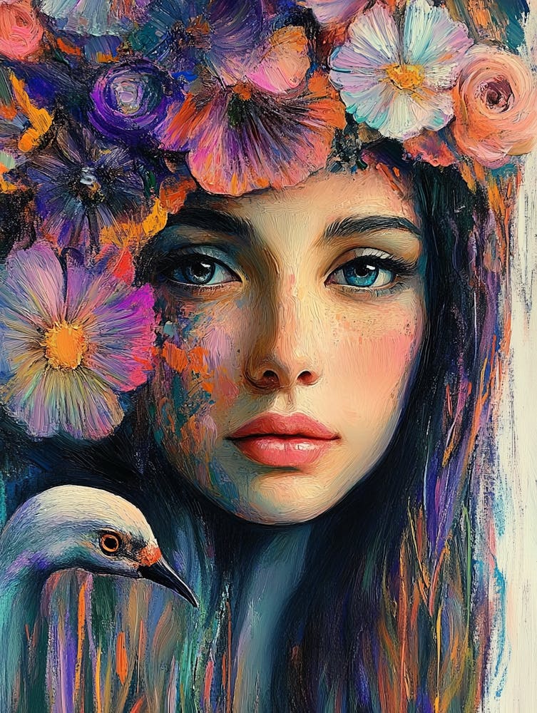 Beautiful Female Portrait With Flowers And Vibrant Color