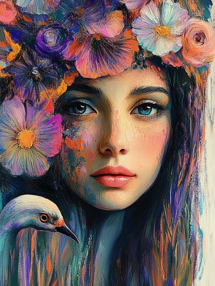 Beautiful Female Portrait With Flowers And Vibrant Color